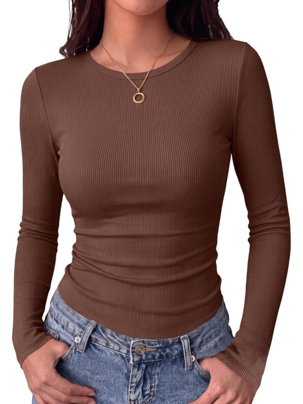 Women's Brown Ribbed Knit Basic Crewneck Long Sleeve Slim Fit Trendy T-Shirt